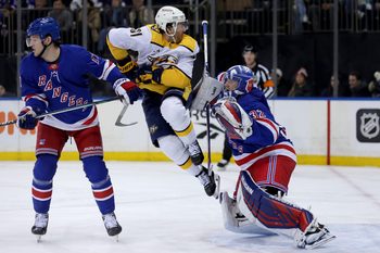 Mar 2, 2025; New York, New York, USA; New York Rangers goaltender Jonathan Quick (32) plays the puck in front of Nashville Predators center Tommy Novak (82) and Rangers defenseman Will Borgen (17) during the first period at Madison Square Garden. Mandatory Credit: Brad Penner-Imagn Images