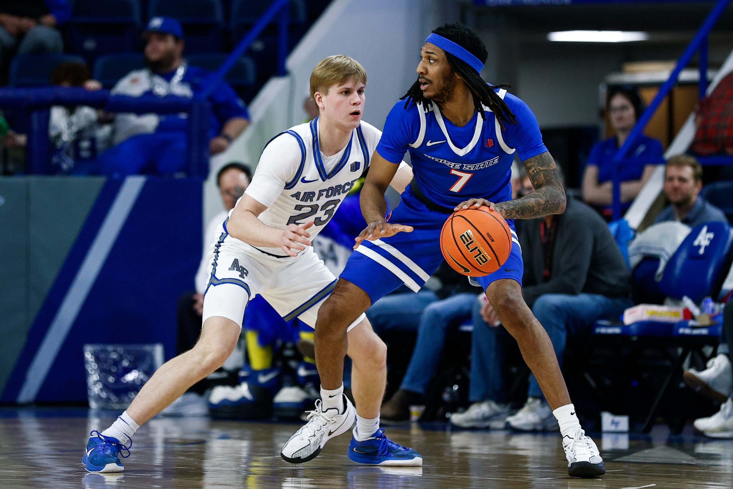 Mar 4, 2025; Colorado Springs, Colorado, USA; Boise State Broncos guard Chris Lockett Jr. (7) controls the ball as Air Force Falcons guard Sam Duskin (23) guards in the second half at Clune Arena. Mandatory Credit: Isaiah J. Downing-Imagn Images