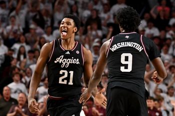 Mar 4, 2025; College Station, Texas, USA; Texas A&M Aggies forward Pharrel Payne (21) rects during the second half against the Auburn Tigers at Reed Arena. Mandatory Credit: Maria Lysaker-Imagn Images