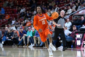 Mar 5, 2025; Chestnut Hill, Massachusetts, USA; Clemson Tigers guard Del Jones (10)  dribbles the ball during the second half against the Boston College Eagles at Conte Forum. Mandatory Credit: Eric Canha-Imagn Images