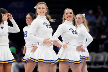 Mar 11, 2025; Charlotte, NC, USA; Pittsburgh Panthers cheerleaders perform during the second half against the Notre Dame Fighting Irish at Spectrum Center. Mandatory Credit: Jim Dedmon-Imagn Images