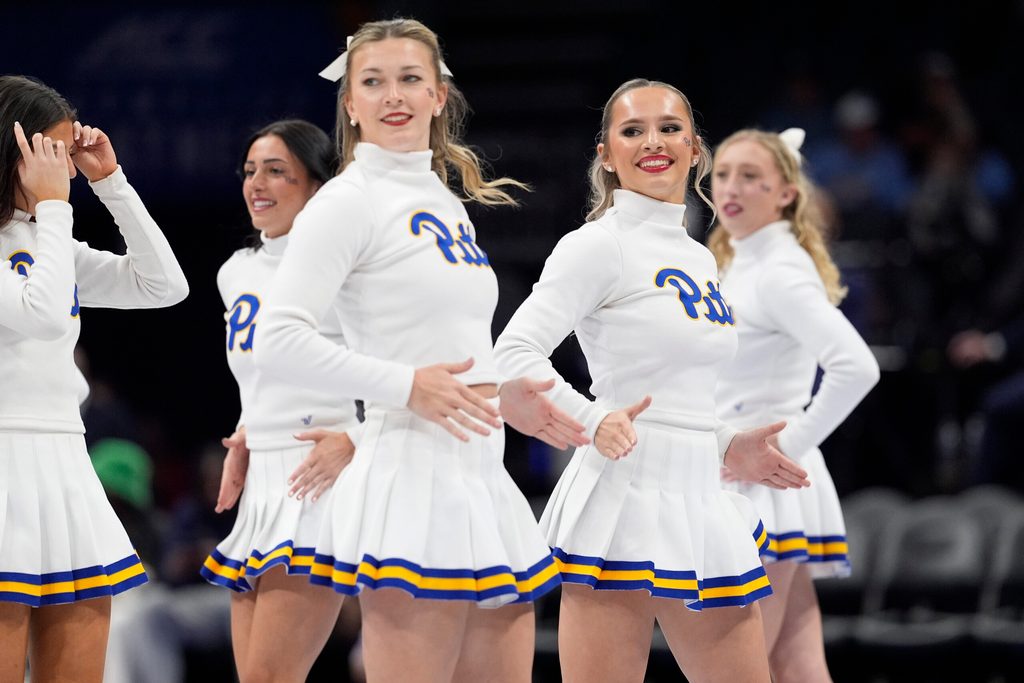Mar 11, 2025; Charlotte, NC, USA; Pittsburgh Panthers cheerleaders perform during the second half against the Notre Dame Fighting Irish at Spectrum Center. Mandatory Credit: Jim Dedmon-Imagn Images