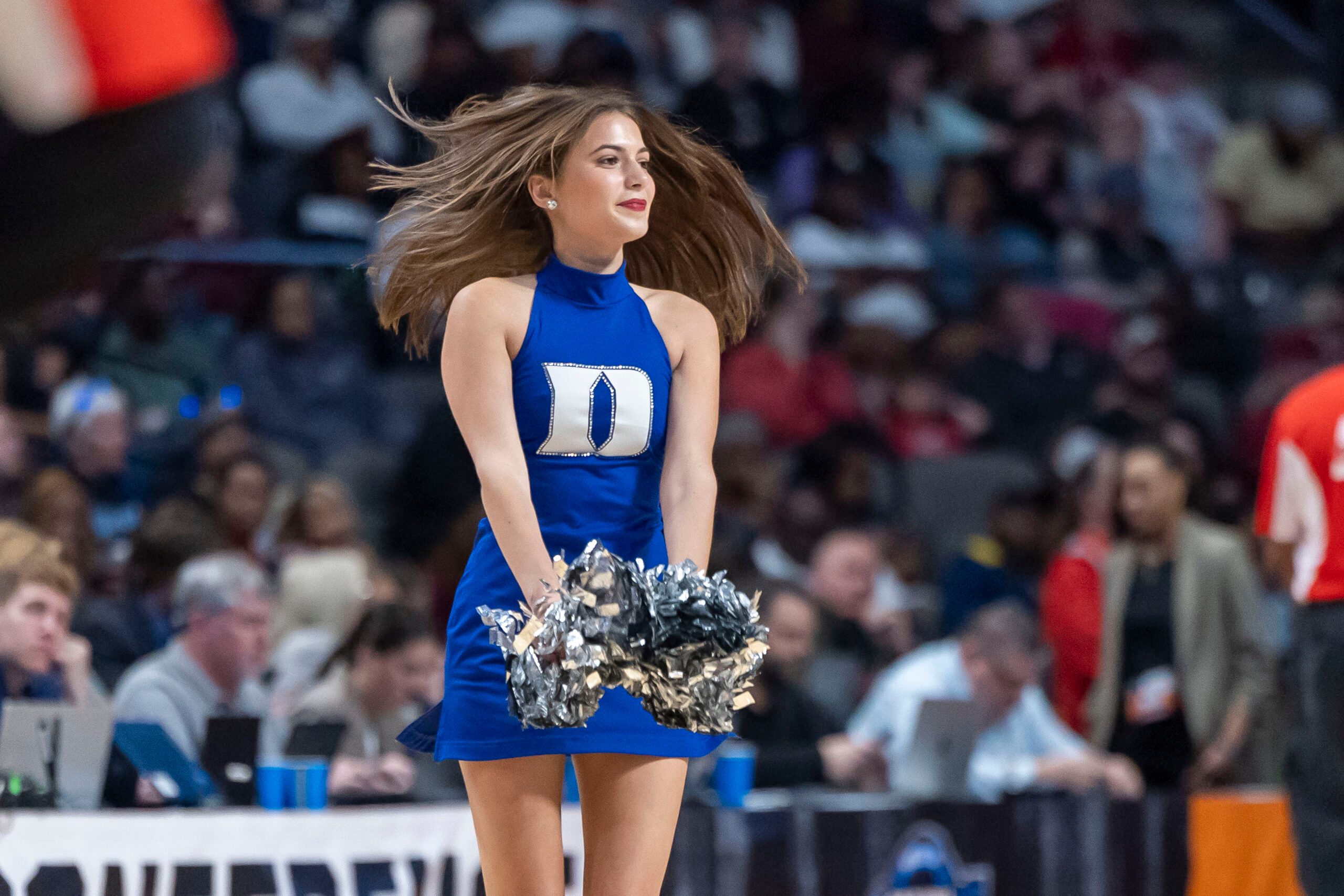 Mar 30, 2025; Birmingham, AL, USA; The Duke Blue Devils cheerleaders perform during the second half of an Elite 8 NCAA Tournament basketball game against the South Carolina Gamecocks at Legacy Arena. Mandatory Credit: Vasha Hunt-Imagn Images