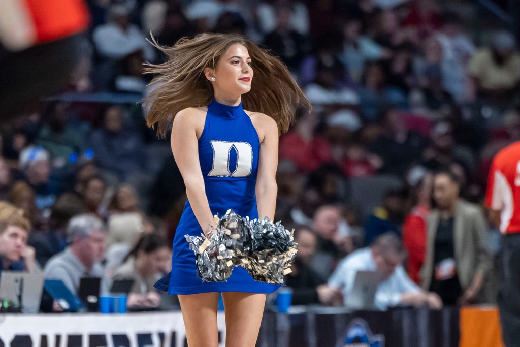 Mar 30, 2025; Birmingham, AL, USA; The Duke Blue Devils cheerleaders perform during the second half of an Elite 8 NCAA Tournament basketball game against the South Carolina Gamecocks at Legacy Arena. Mandatory Credit: Vasha Hunt-Imagn Images
