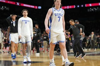 Apr 5, 2025; San Antonio, TX, USA; Duke Blue Devils guard Kon Knueppel (7) walks off the court after losing to the Houston Cougars in the semifinals of the men's Final Four of the 2025 NCAA Tournament at the Alamodome. Mandatory Credit: Robert Deutsch-Imagn Images