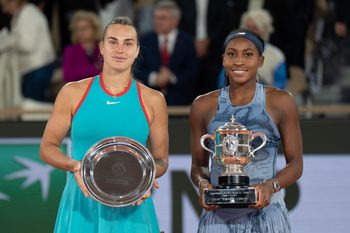 Jun 7, 2025; Paris, FR;  Coco Gauff of the United States poses with Aryna Sabalenka after their match on day 14 at Roland Garros Stadium. Mandatory Credit: Susan Mullane-Imagn Images