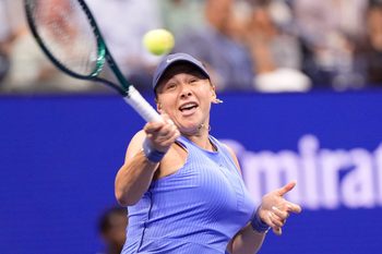 Sep 4, 2025; Flushing, NY, USA;  Amanda Anisimova (USA) hits to Naomi Osaka (JPN) (not pictured) on day twelve of the 2025 U.S. Open tennis tournament at the USTA Billie Jean King National Tennis Center. Mandatory Credit: Robert Deutsch-Imagn Images