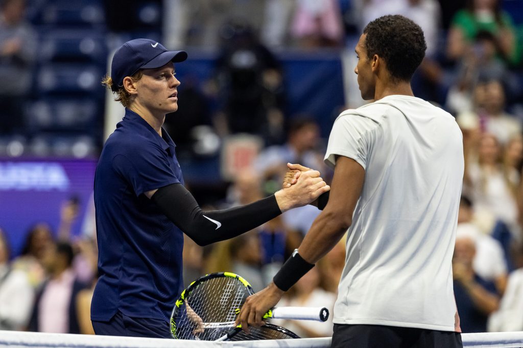 Sep 5, 2025; Flushing, NY, USA; Jannik Sinner of Italy celebrates his victory over Felix Auger-Aliassime of Canada in the semifinal of the men’s singles at the US Open at Arthur Ashe Stadium in Billie Jean King National Tennis Center. Mandatory Credit: Mike Frey-Imagn Images