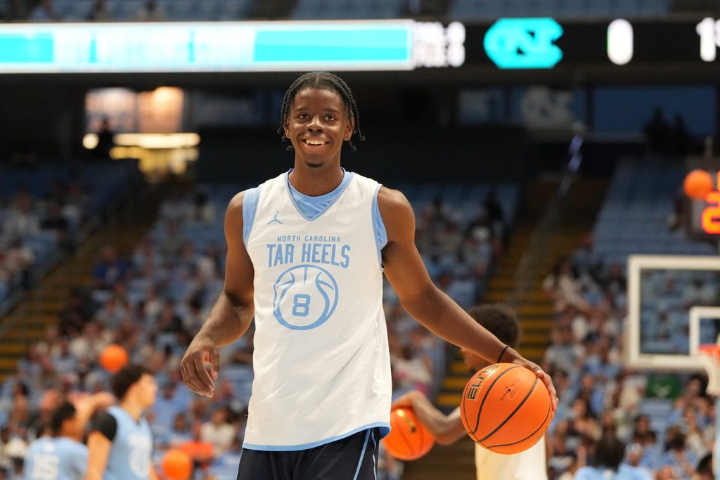 Oct 4, 2025; Charlotte, NC, USA; North Carolina Tar Heels forward Caleb Wilson (8) warms up before the game at Dean E. Smith Center. Mandatory Credit: Bob Donnan-Imagn Images