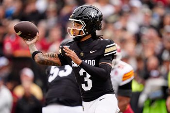 Oct 11, 2025; Boulder, Colorado, USA; Colorado Buffaloes quarterback Kaidon Salter (3) passes the ball in the first quarter against the Iowa State Cyclones at Folsom Field. Mandatory Credit: Ron Chenoy-Imagn Images