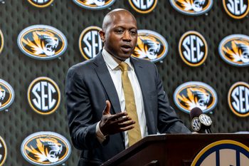 Oct 15, 2025; Birmingham, AL, USA; Missouri Tigers head coach Dennis Gates talks with the media during SEC Media Days at Grand Bohemian Hotel. Mandatory Credit: Vasha Hunt-Imagn Images