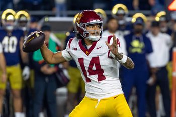 Oct 18, 2025; South Bend, Indiana, USA; Southern California Trojans quarterback Jayden Maiava (14) passes the ball against the Notre Dame Fighting Irish during the first half at Notre Dame Stadium. Mandatory Credit: Michael Caterina-Imagn Images