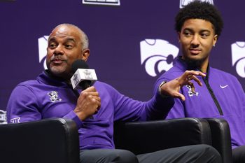Oct 22, 2025; Kansas City, MO, USA; (From left) Kansas State head coach Jerome Tang and PJ Haggerty speak to media during Big 12 media day at T-Mobile Center. Mandatory Credit: Sophia Scheller-Imagn Images