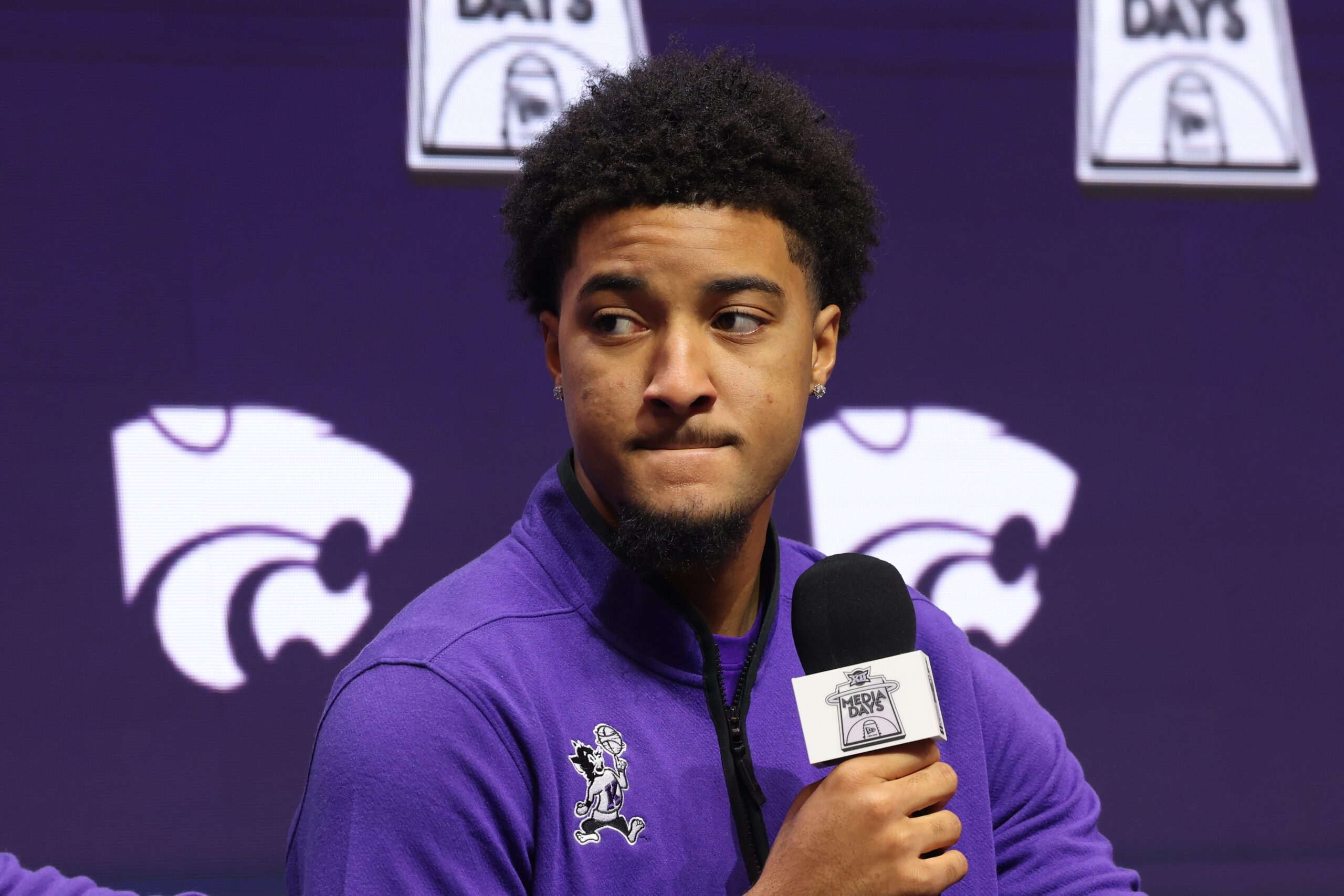 Oct 22, 2025; Kansas City, MO, USA; Kansas Stateís PJ Haggerty speaks to media during Big 12 media day at T-Mobile Center. Mandatory Credit: Sophia Scheller-Imagn Images