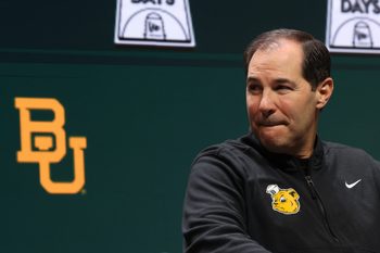 Oct 22, 2025; Kansas City, MO, USA; Baylor head coach Scott Drew speaks to media during Big 12 Menís Basketball media day at T-Mobile Center. Mandatory Credit: Sophia Scheller-Imagn Images