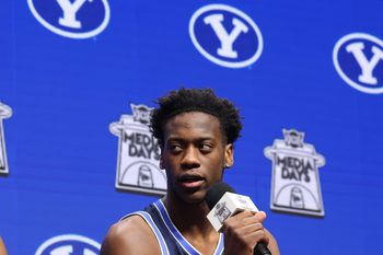 Oct 22, 2025; Kansas City, MO, USA; BYUs AJ Dybantsa speaks to media during Big 12 Menís Basketball media day at T-Mobile Center. Mandatory Credit: Sophia Scheller-Imagn Images