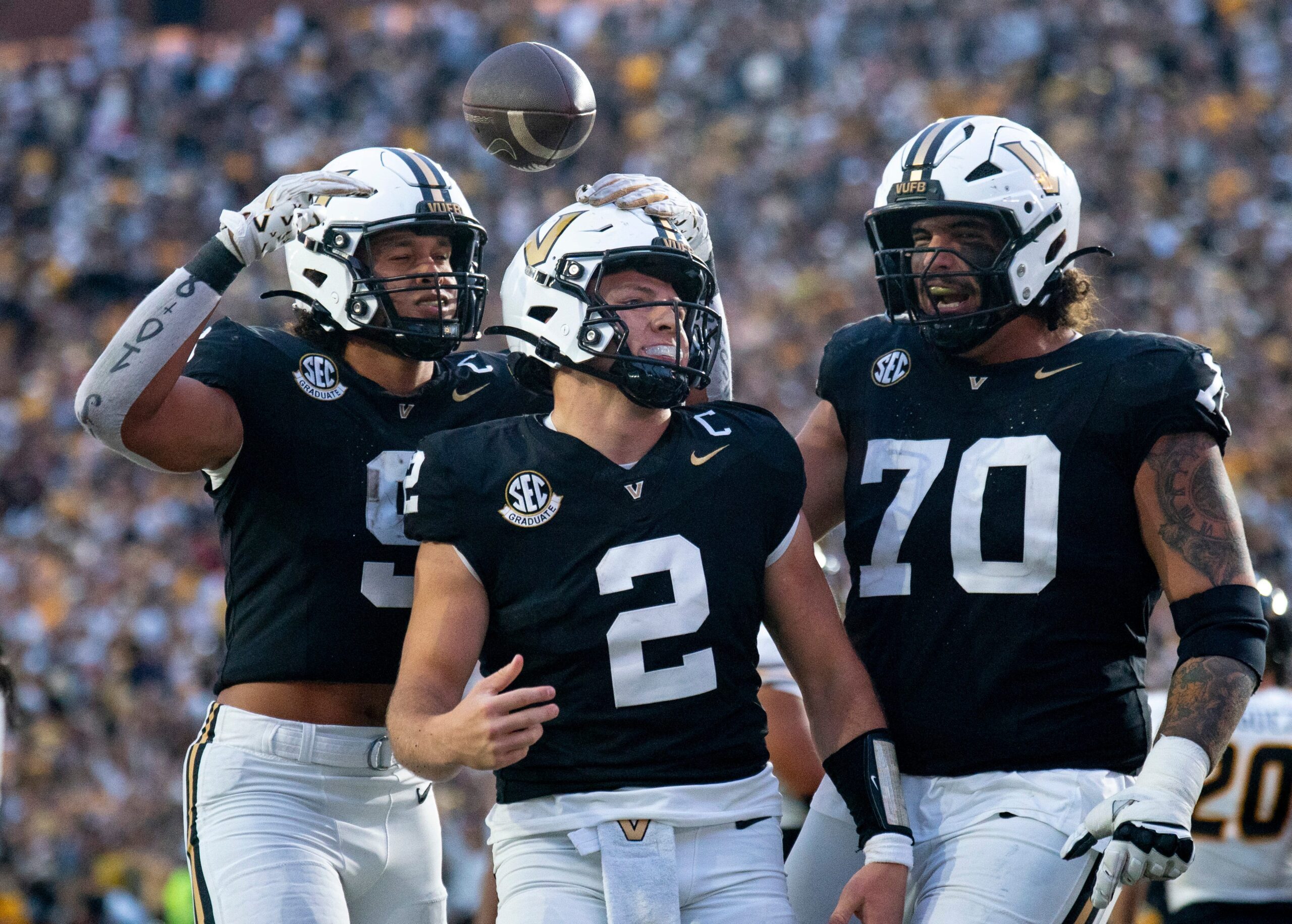 Vanderbilt's quarterback Diego Pavia (2) celebrates his go-ahead touchdown against Missouri during their game at FirstBank Stadium in Nashville, Tenn., Saturday, Oct. 25, 2025.