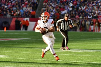 Oct 26, 2025; Foxborough, Massachusetts, USA;  Cleveland Browns quarterback Dillon Gabriel (8) runs with the ball during the fourth quarter against the New England Patriots at Gillette Stadium. Mandatory Credit: Bob DeChiara-Imagn Images