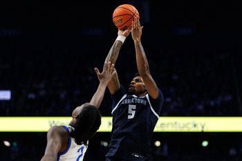 Oct 30, 2025; Lexington, KY, USA; Georgetown Hoyas guard Kj Lewis (5) shoots the ball during the first half against the Kentucky Wildcats at Rupp Arena at Central Bank Center. Mandatory Credit: Jordan Prather-Imagn Images
