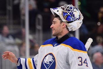 Oct 30, 2025; Boston, Massachusetts, USA; Buffalo Sabres goaltender Alex Lyon (34) smiles at the crowd during the third period against the Boston Bruins at TD Garden. Mandatory Credit: Bob DeChiara-Imagn Images