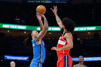 Oct 30, 2025; Oklahoma City, Oklahoma, USA; Oklahoma City Thunder forward Jaylin Williams (6) shoots over Washington Wizards forward Marvin Bagley III (35) during the second half at Paycom Center. Mandatory Credit: Alonzo Adams-Imagn Images