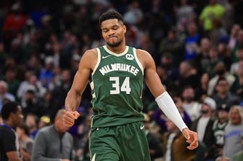 Nov 1, 2025; Milwaukee, Wisconsin, USA; Milwaukee Bucks forward Giannis Antetokounmpo (34) reacts after missing a shot late in the fourth quarter against the Sacramento Kings at Fiserv Forum. Mandatory Credit: Benny Sieu-Imagn Images
