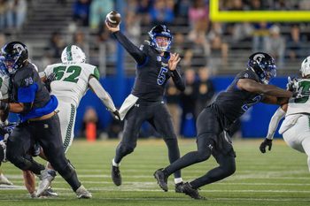 Nov 1, 2025; San Jose, California, USA; San Jose State Spartans quarterback Walker Eget (5) passes the football against the Hawaii Rainbow Wahine during the first quarter at CEFCU Stadium. Mandatory Credit: Neville E. Guard-Imagn Images