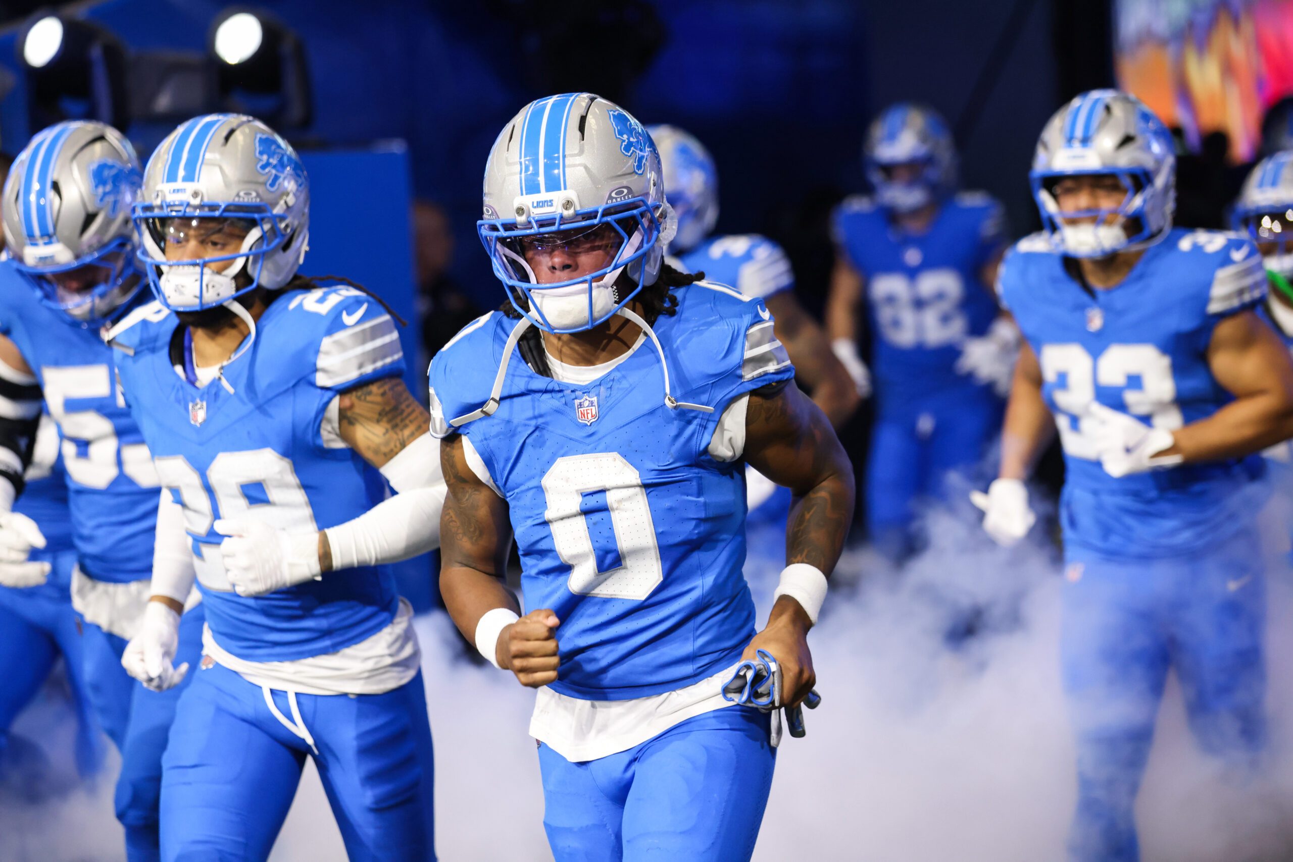 Nov 2, 2025; Detroit, Michigan, USA; Detroit Lions running back Jahmyr Gibbs (0) enters the field before the game against the Minnesota Vikings at Ford Field. Mandatory Credit: David Reginek-Imagn Images