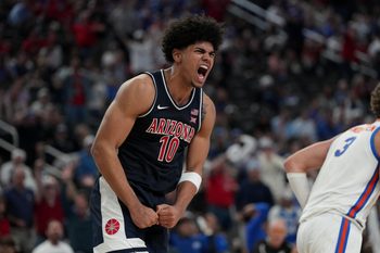 Nov 3, 2025; Las Vegas, NV, USA; Arizona Wildcats forward Koa Peat (10) celebrates a play against the Florida Gators in the second half of the Hall of Fame Series game at T-Mobile Arena. Mandatory Credit: Candice Ward-Imagn Images