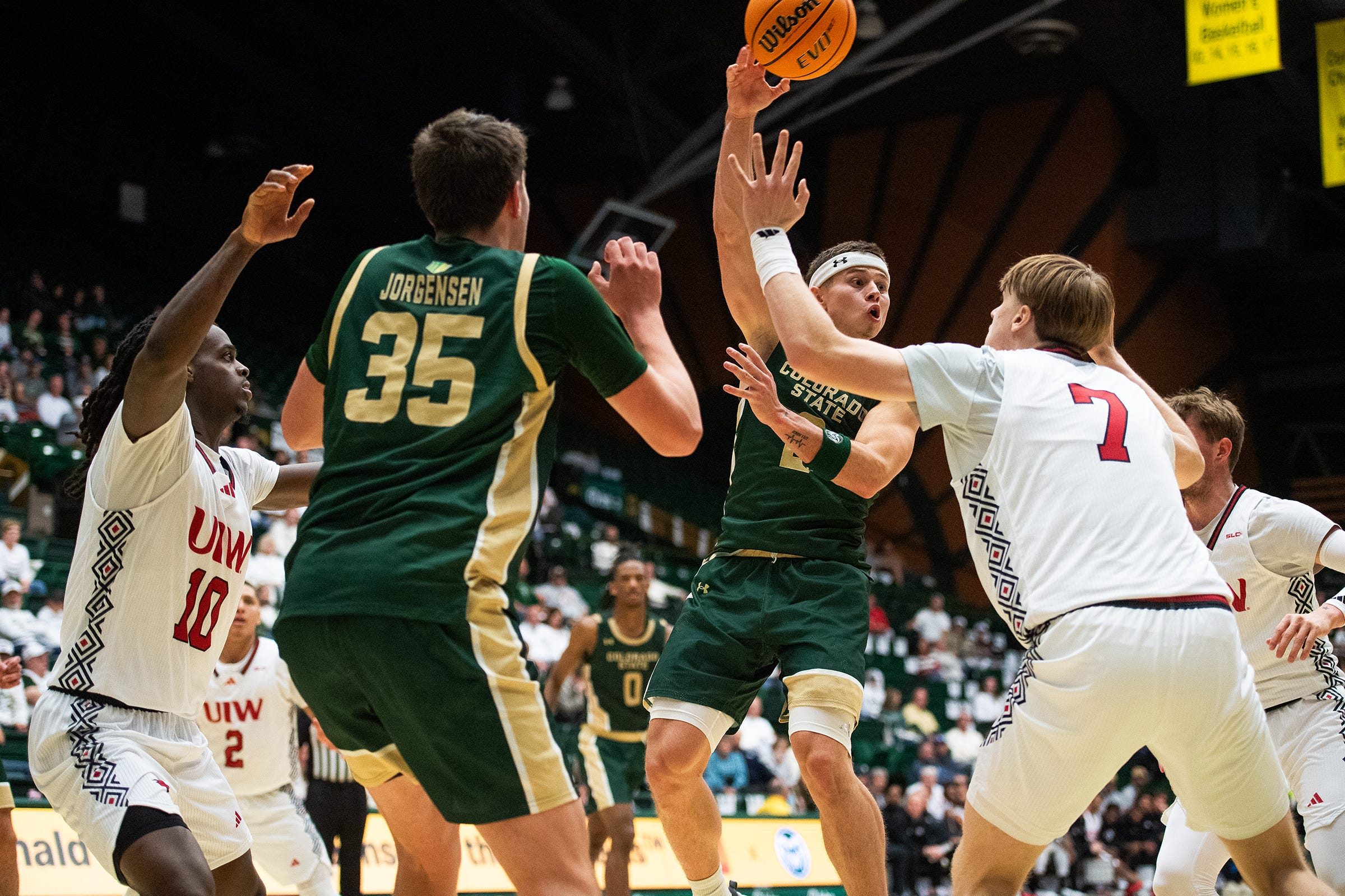 Colorado State's Brandon Rechsteiner passes the ball off during a season opener basketball game against Incarnate Word at Moby Arena on November 3, 2025 in Fort Collins, Colo.