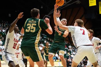 Colorado State's Brandon Rechsteiner passes the ball off during a season opener basketball game against Incarnate Word at Moby Arena on November 3, 2025 in Fort Collins, Colo.