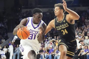 Grand Canyon Antelopes forward Nana Owusu-Anane (31) drives the ball against Purdue Fort Wayne Mastodons forward Darius Duffy (34) on Nov. 3, 2025, at GCU Arena in Phoenix.