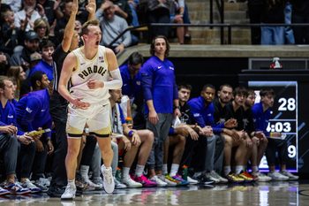 Nov 4, 2025; West Lafayette, Indiana, USA; Purdue Boilermakers guard Fletcher Loyer (2) celebrates a made basket in the first half against the Evansville Purple Aces  at Mackey Arena. Mandatory Credit: Trevor Ruszkowski-Imagn Images