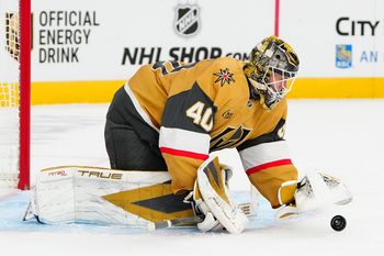 Nov 4, 2025; Las Vegas, Nevada, USA; Vegas Golden Knights goaltender Akira Schmid (40) makes a save against the Detroit Red Wings during the first period at T-Mobile Arena. Mandatory Credit: Stephen R. Sylvanie-Imagn Images
