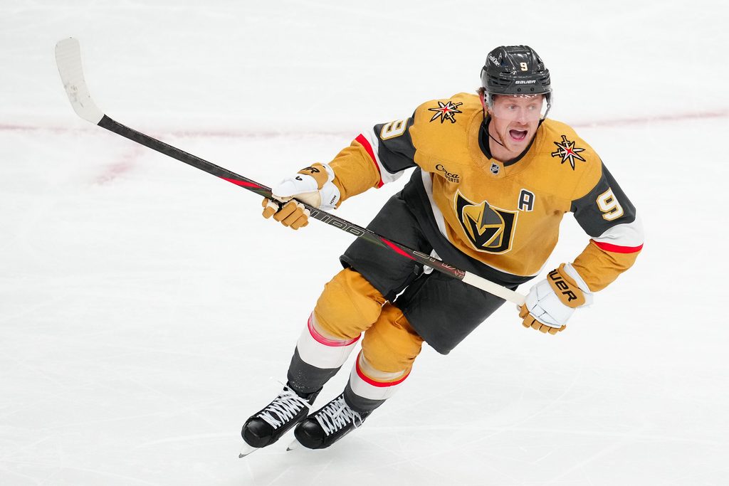 Nov 4, 2025; Las Vegas, Nevada, USA; Vegas Golden Knights center Jack Eichel (9) skates against the Detroit Red Wings during the third period at T-Mobile Arena. Mandatory Credit: Stephen R. Sylvanie-Imagn Images