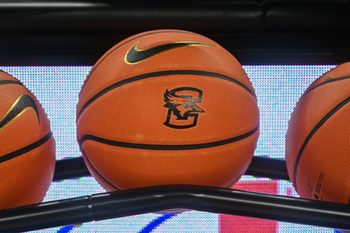 Nov 5, 2025; Omaha, Nebraska, USA;  General view of a basketball before the game between the Creighton Bluejays and the South Dakota Coyotes at CHI Health Center Omaha. Mandatory Credit: Steven Branscombe-Imagn Images