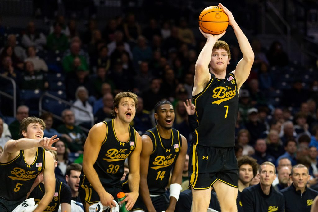 Nov 7, 2025; South Bend, Indiana, USA; Notre Dame Fighting Irish forward Ryder Frost (7) shoots a three against the Detroit Mercy Titans during the second half at Purcell Pavilion at the Joyce Center. Mandatory Credit: Michael Caterina-Imagn Images