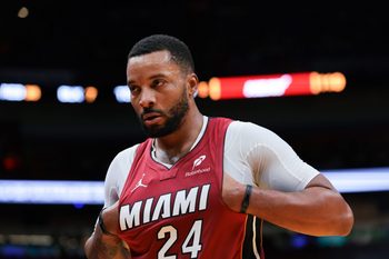 Nov 7, 2025; Miami, Florida, USA; Miami Heat guard Norman Powell (24) looks on against the Charlotte Hornets during the fourth quarter of an NBA Cup game at Kaseya Center. Mandatory Credit: Sam Navarro-Imagn Images