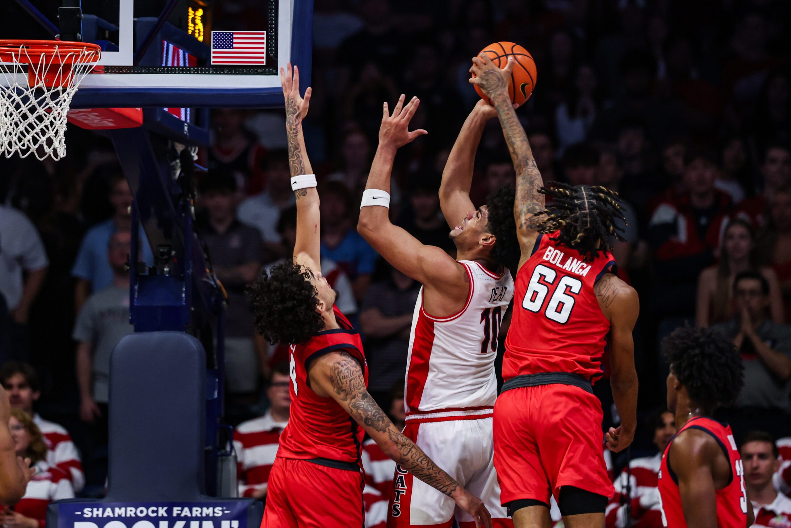 Nov 7, 2025; Tucson, Arizona, USA; Utah Tech Trailblazers guard Noah Bolanga (66) blocks a basket attempted by Arizona Wildcats forward Koa Peat (10) during the first half of the game at McKale Memorial Center. Mandatory Credit: Aryanna Frank-Imagn Images