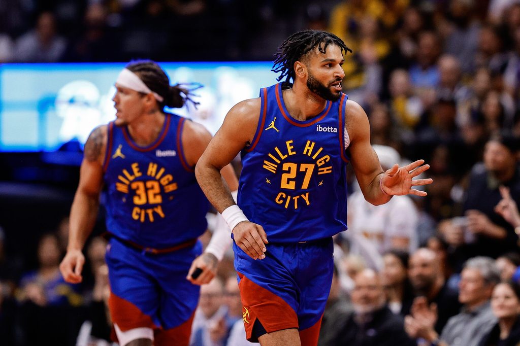 Nov 7, 2025; Denver, Colorado, USA; Denver Nuggets guard Jamal Murray (27) reacts after a basket in the second quarter against the Golden State Warriors at Ball Arena. Mandatory Credit: Isaiah J. Downing-Imagn Images