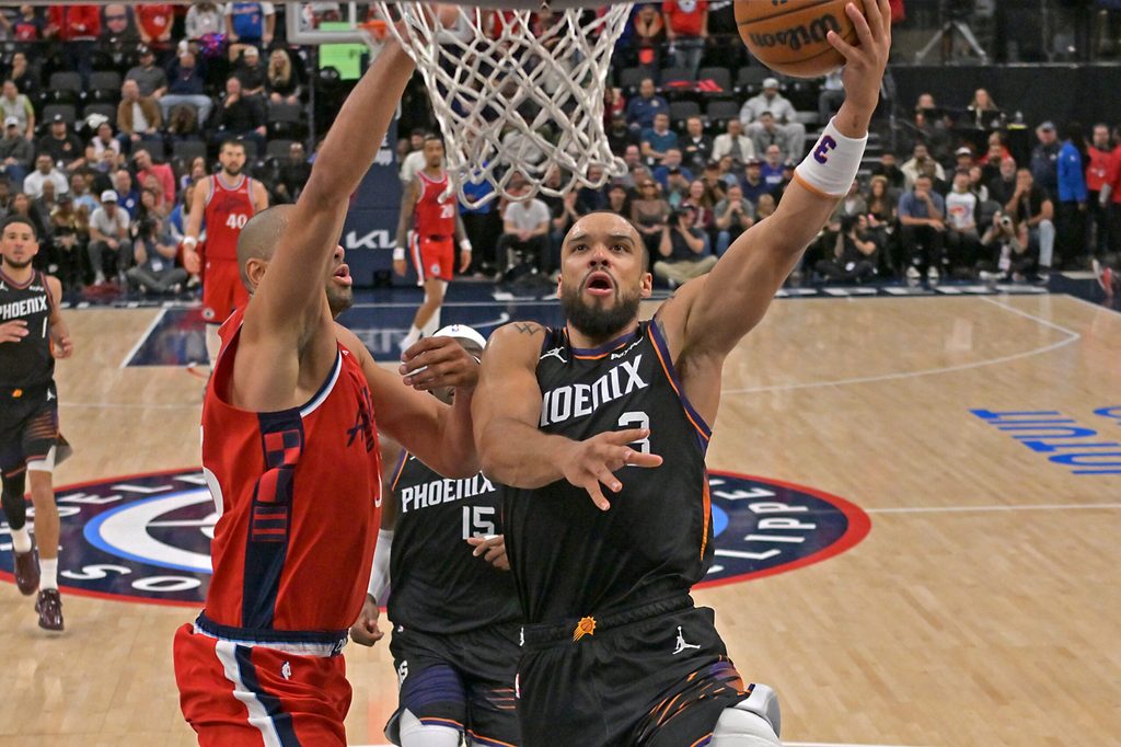 Nov 8, 2025; Inglewood, California, USA; Phoenix Suns forward Dillon Brooks (3) is defended by Los Angeles Clippers forward Nicolas Batum (33) during the second half at Intuit Dome. Mandatory Credit: Jayne Kamin-Oncea-Imagn Images