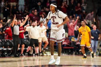 Nov 9, 2025; Columbia, South Carolina, USA; South Carolina Gamecocks guard Meechie Johnson (5) celebrates a three point basket against the Southern Mississippi Golden Eagles in the second half at Colonial Life Arena. Mandatory Credit: Jeff Blake-Imagn Images