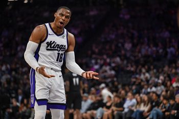 Nov 9, 2025; Sacramento, California, USA;  Sacramento Kings guard Russell Westbrook (18) reacts during the second quarter against the Minnesota Timberwolves at Golden 1 Center. Mandatory Credit: Justine Willard-Imagn Images