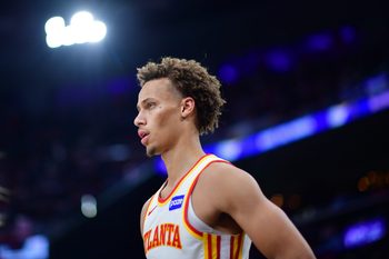 Nov 10, 2025; Inglewood, California, USA; Atlanta Hawks guard Dyson Daniels (5) against the Los Angeles Clippers during the second half at Intuit Dome. Mandatory Credit: Gary A. Vasquez-Imagn Images