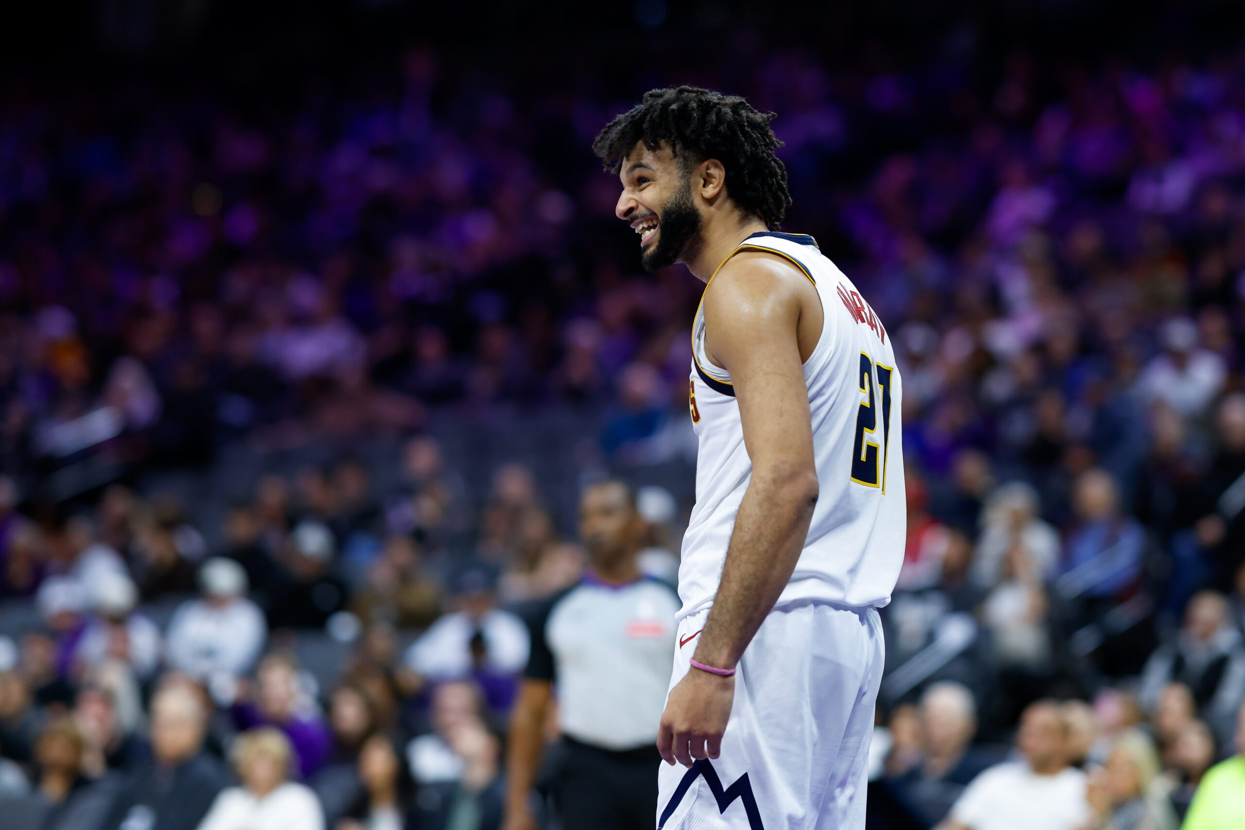 Nov 11, 2025; Sacramento, California, USA; Denver Nuggets guard Jamal Murray (27) reacts after a play during the fourth quarter against the Sacramento Kings at Golden 1 Center. Mandatory Credit: Sergio Estrada-Imagn Images