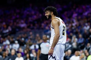 Nov 11, 2025; Sacramento, California, USA; Denver Nuggets guard Jamal Murray (27) reacts after a play during the fourth quarter against the Sacramento Kings at Golden 1 Center. Mandatory Credit: Sergio Estrada-Imagn Images