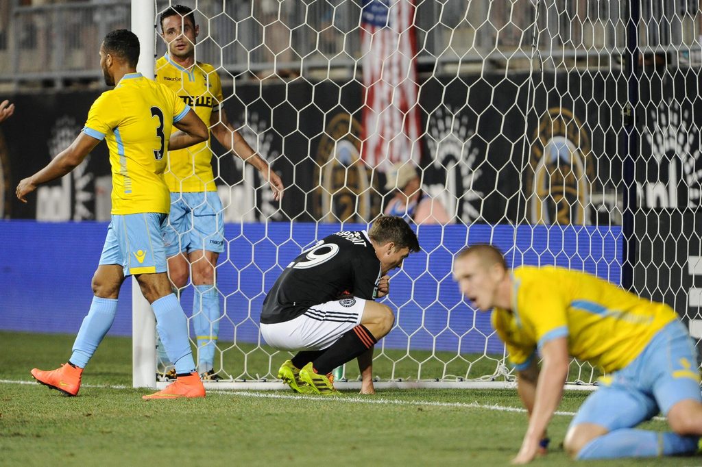 Jul 25, 2014; Chester, PA, USA; Philadelphia Union forward Antoine Hoppenot (29) reacts to a missed goal during the second half of the match against the Crystal Palace FC at PPL Park. Crystal Palace FC won the match 1-0. Mandatory Credit: John Geliebter-Imagn Images
