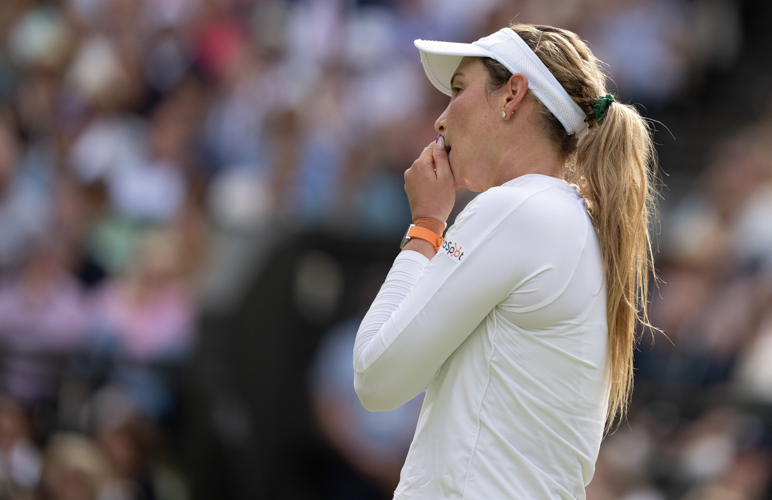 Jul 11, 2024; London, United Kingdom; Donna Vekic of Croatia reacts to a point during her match against Jasmine Paolini of Italy (not shown) on day 11 at All England Lawn Tennis and Croquet Club. Mandatory Credit: Susan Mullane-Imagn Images