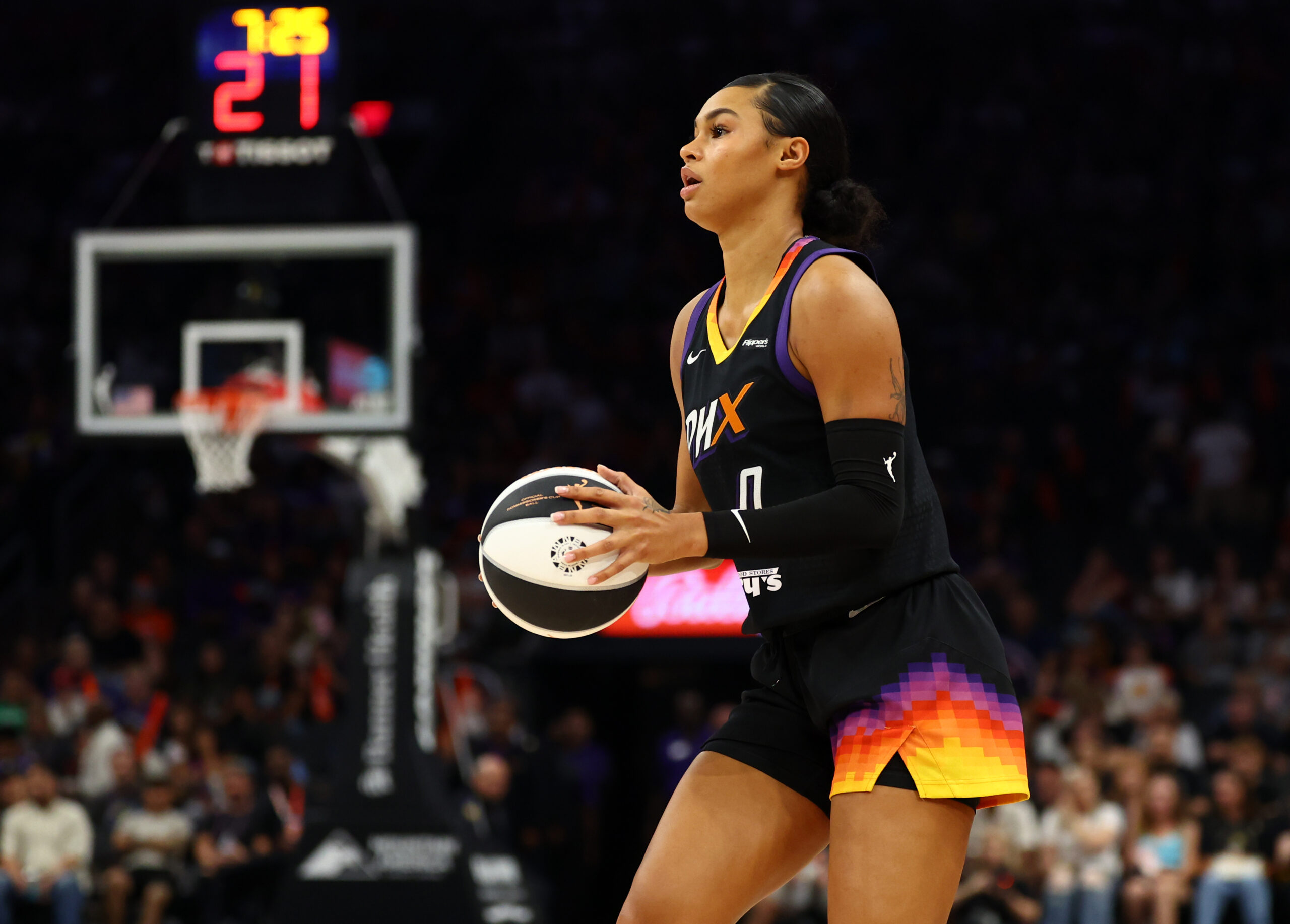 Jun 11, 2025; Phoenix, Arizona, USA; Phoenix Mercury forward Satou Sabally (0) against the Dallas Wings at PHX Arena. Mandatory Credit: Mark J. Rebilas-Imagn Images