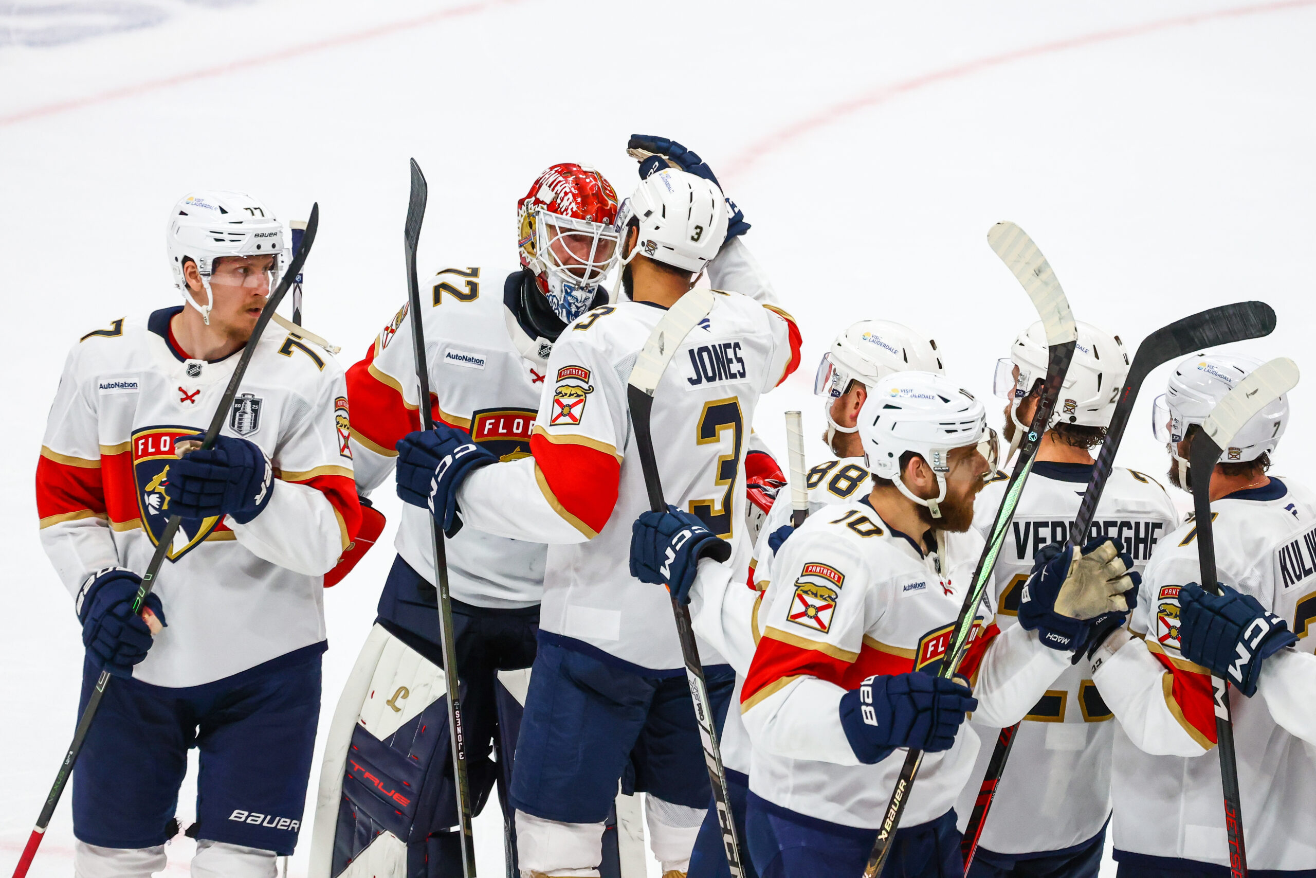 Jun 14, 2025; Edmonton, Alberta, CAN; Florida Panthers goaltender Sergei Bobrovsky (72) celebrate win with teammates against the Edmonton Oilers in game five of the 2025 Stanley Cup Final at Rogers Place. Mandatory Credit: Sergei Belski-Imagn Images
